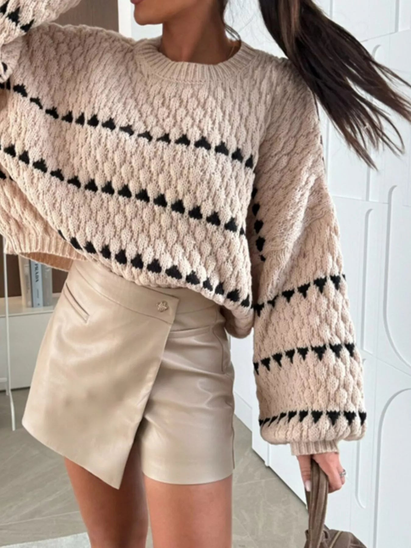 Chunky Knit Striped Sweater with Balloon Sleeves – Cozy Chic Style